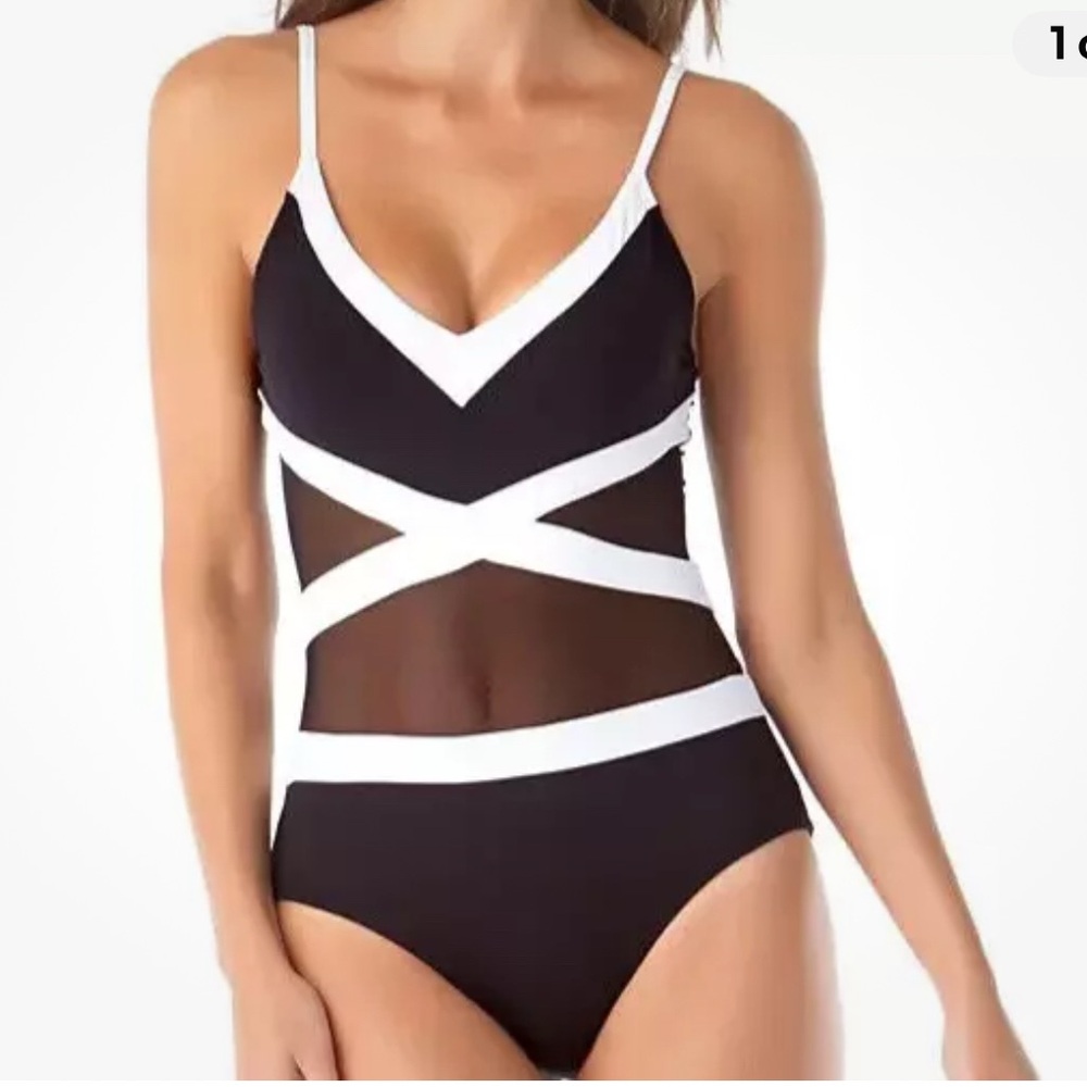 Anne Cole Colorblock Mesh Black White One Piece Swimsuit Size 14 NWT